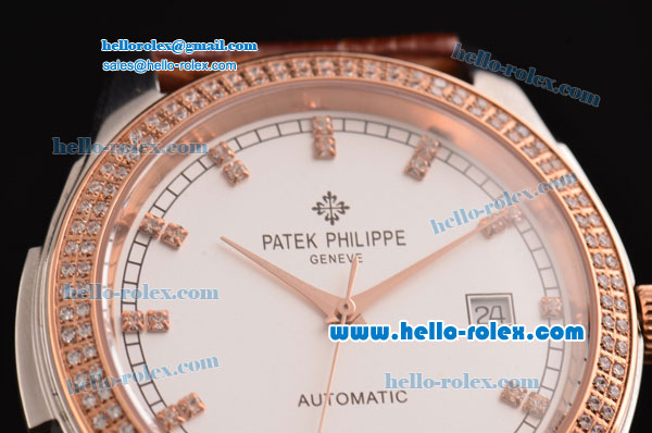 Patek Philippe Calatrava Swiss ETA 2824 Automatic Steel Case Rose Gold/Diamond Bezel with Brown Leather Strap White Dial Diamond Markers - Click Image to Close
